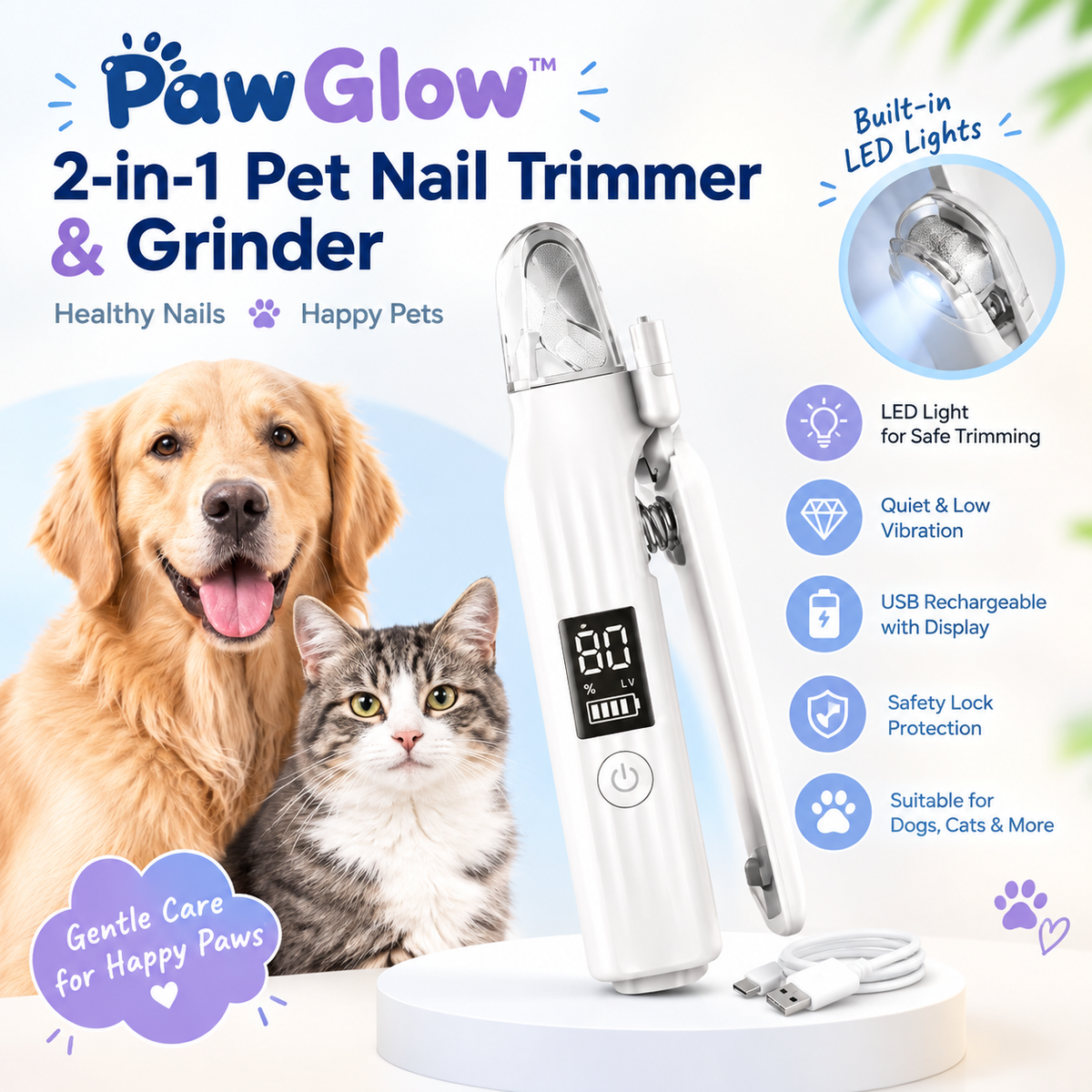 PawGlow™ 2 in 1 Electric Pet Nail Trimmer with LED Lights Pet Nail Grinder Dog Nail Trimmer and Grinder for Small Medium Large Dogs/Cats