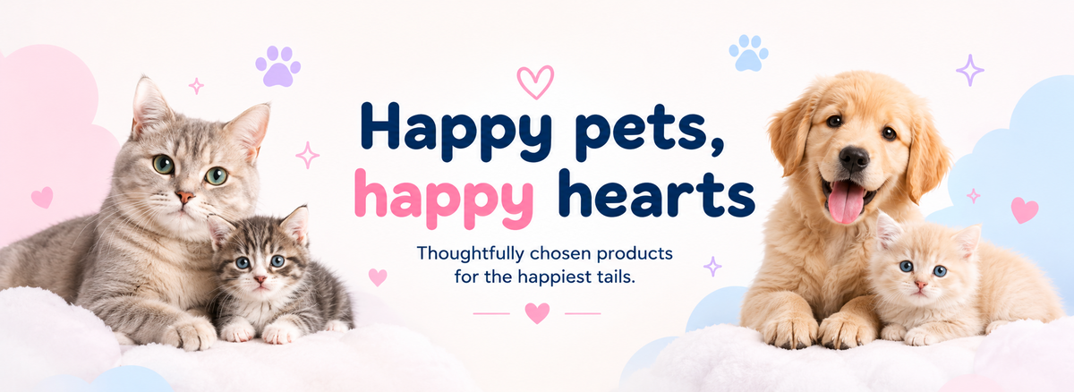 A promotional banner for pet products featuring a gray tabby cat and kitten on the left, a golden retriever dog and a white kitten on the right, with the text 'Happy pets, happy hearts' and 'Thoughtfully chosen products for the happiest tails.' on a pastel pink, white, and blue background with paw prints and hearts.