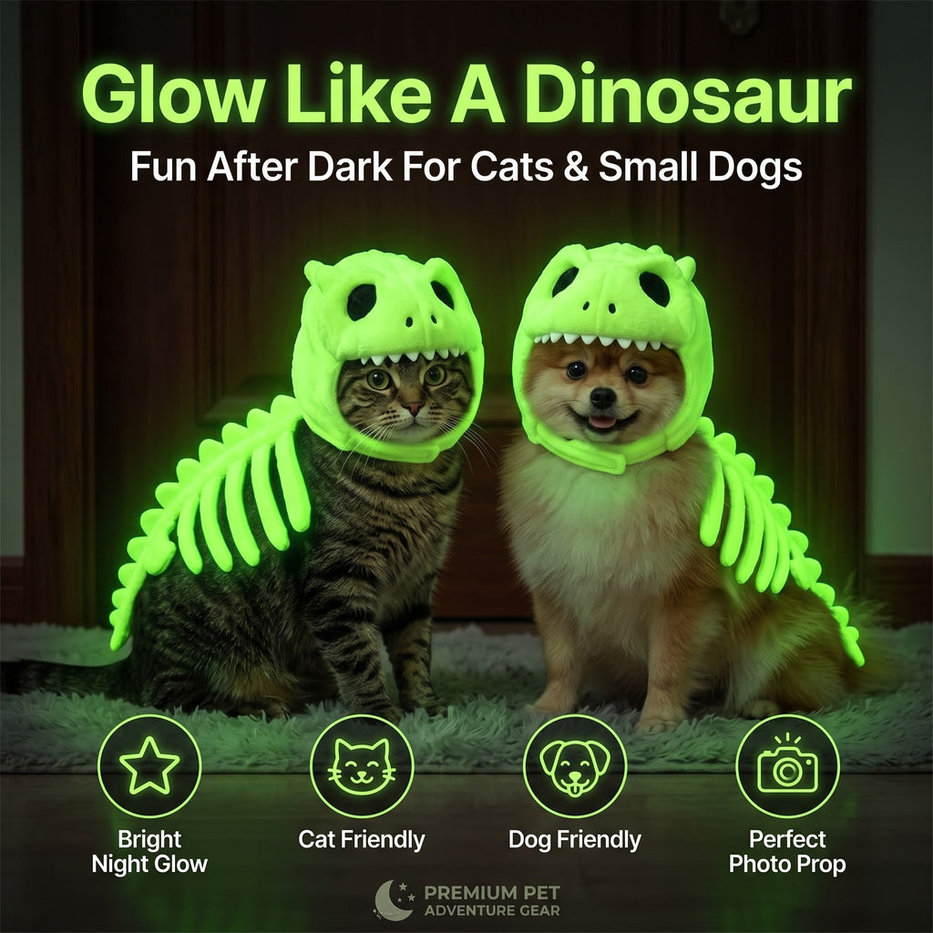 Glow in the Dark Dinosaur Skeleton Pet Costume – Halloween Outfit for Cats & Dogs