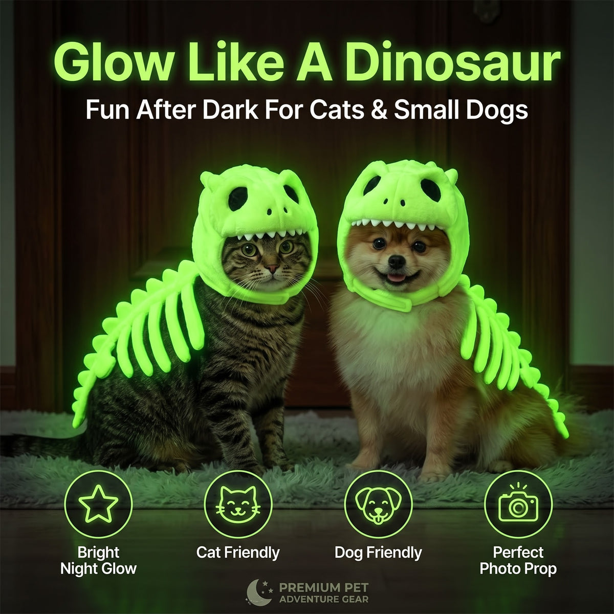 Glow in the Dark Dinosaur Skeleton Pet Costume – Halloween Outfit for Cats & Dogs