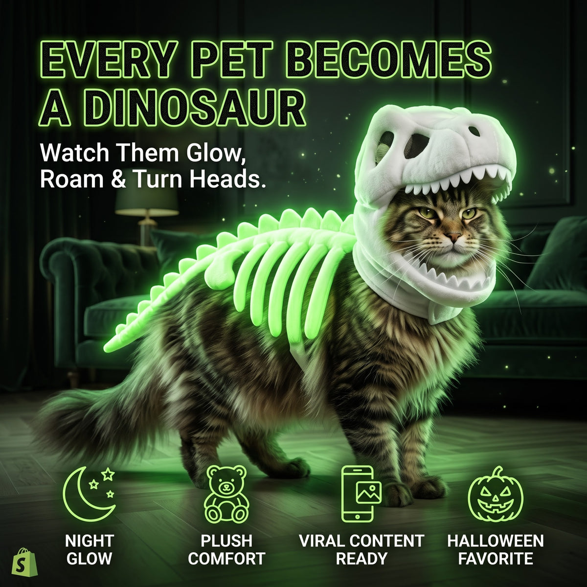 Glow in the Dark Dinosaur Skeleton Pet Costume – Halloween Outfit for Cats & Dogs