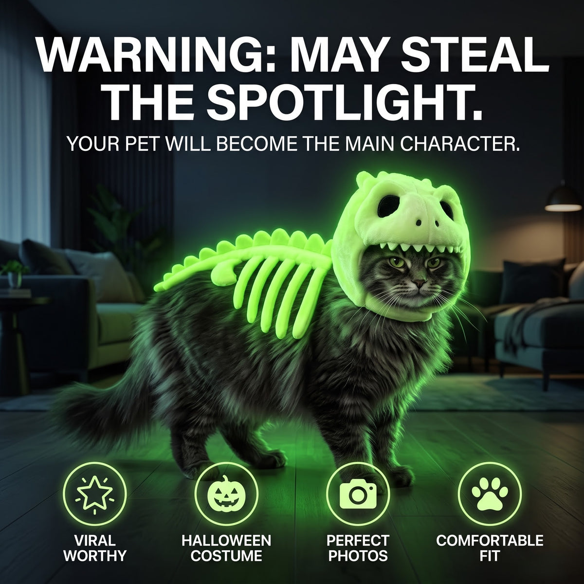 Glow in the Dark Dinosaur Skeleton Pet Costume – Halloween Outfit for Cats & Dogs