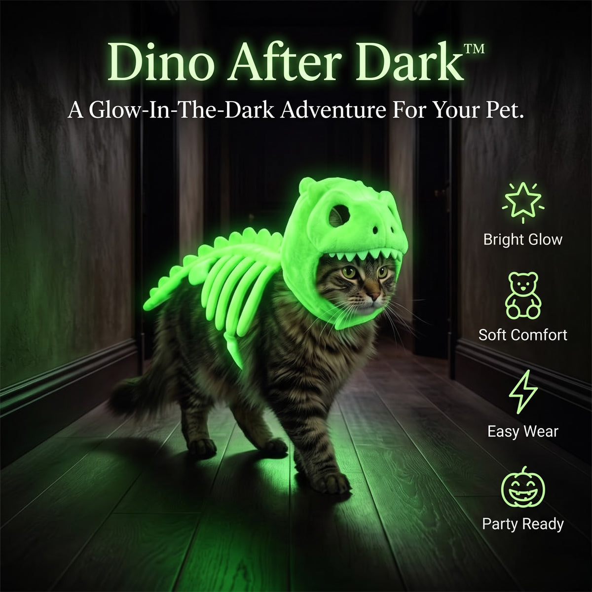Glow in the Dark Dinosaur Skeleton Pet Costume – Halloween Outfit for Cats & Dogs