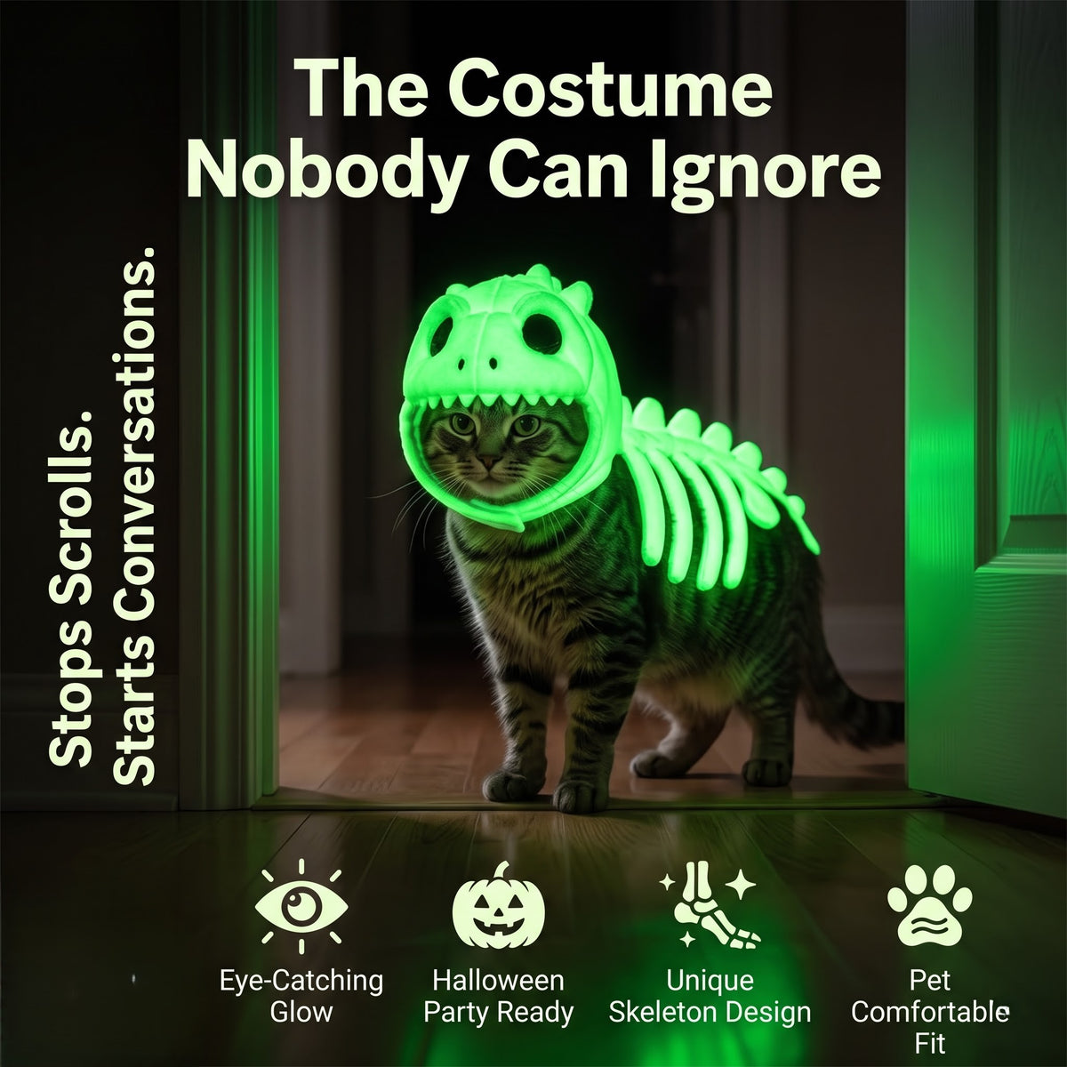 Glow in the Dark Dinosaur Skeleton Pet Costume – Halloween Outfit for Cats & Dogs