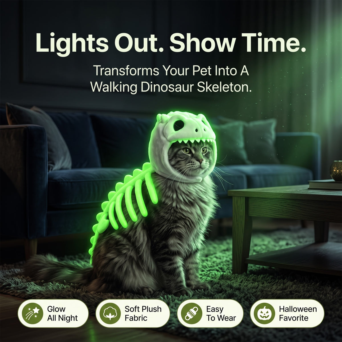 Glow in the Dark Dinosaur Skeleton Pet Costume – Halloween Outfit for Cats & Dogs