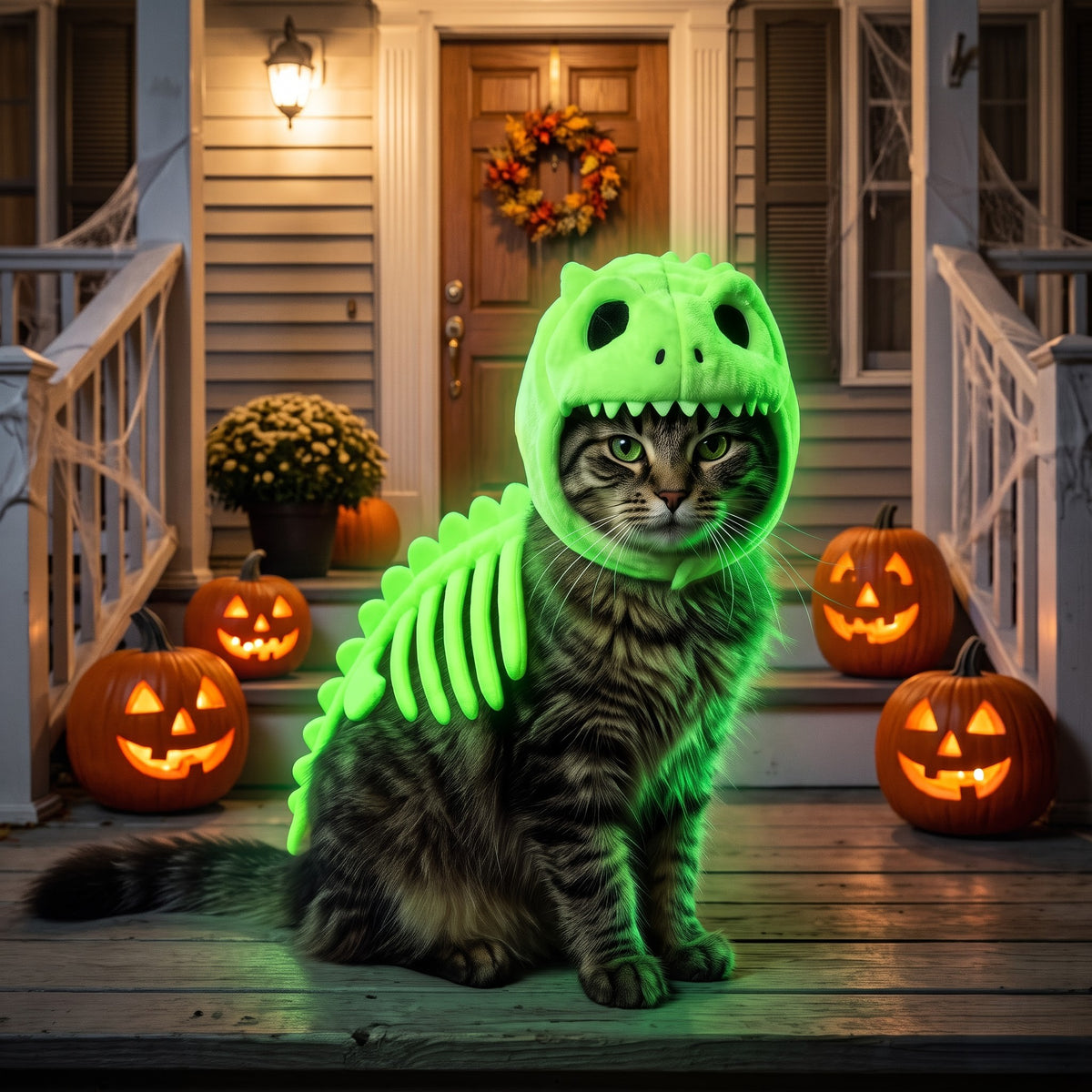 Glow in the Dark Dinosaur Skeleton Pet Costume – Halloween Outfit for Cats & Dogs