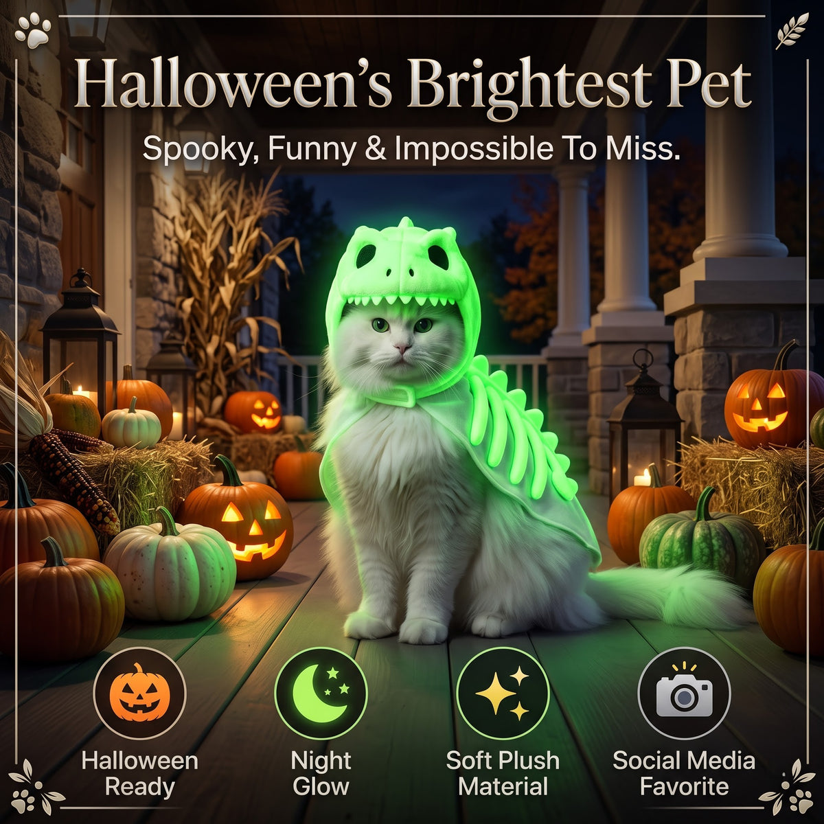 Glow in the Dark Dinosaur Skeleton Pet Costume – Halloween Outfit for Cats & Dogs