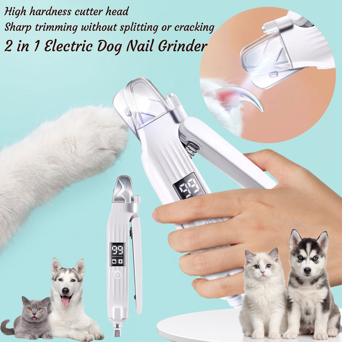 PawGlow™ 2 in 1 Electric Pet Nail Trimmer with LED Lights Pet Nail Grinder Dog Nail Trimmer and Grinder for Small Medium Large Dogs/Cats