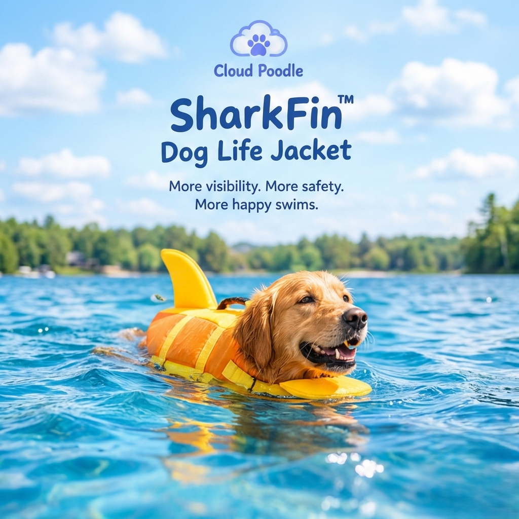 A golden retriever dog wearing an orange and yellow SharkFin dog life jacket swims on a sunny lake with a scenic background. The Cloud Poodle brand logo and text are displayed at the top.